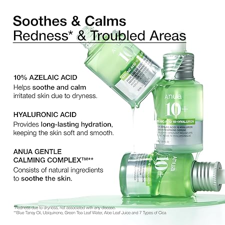 Anua Azelaic Acid 10 Hyaluron Redness Soothing Serum, Facial Serum for Sensitive skin, Hyaluronic Acid, Niacinamide, Spot Care, Natural Color, Vegan, Korean Skincare (30ml/ 1.01 fl oz)