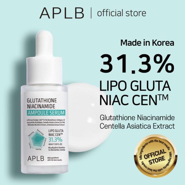 APLB Glutathione Niacinamide Ampoule Serum | LIPO GLUTA NIAC CEN™ 31.3% 1.35 FL.OZ 40ML/Korean Skincare, Long lasting moisturizing, Improve skin elasticity, Revitalize for gentle and improve skin texture