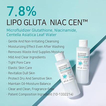 APLB Glutathione Niacinamide Cleansing Water | LIPO GLUTA NIAC CEN™ 7.8% 5.41 FL.OZ/Korean Skincare, Makeup remover for sensitive skin, Deep Hydration, Pore care 160ML