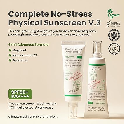 AXIS-Y Complete No-Stress Physical Sunscreen V3 - SPF 50 Mineral Sunscreen with 2% Niacinamide, Zinc Oxide Sunblock for Broad Spectrum Sun Care - Vegan Korean Skin Care -1.69 fl. oz. 50ML