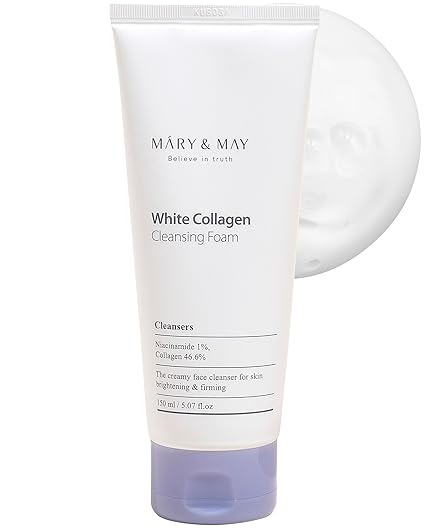 2E Mary&May White Collagen Cleansing Foam - Deep Cleansing, Hydrating Formula for Firm and Radiant Skin with Niacinamide - Korean Skincare, EWG Green Grade, Hypoallergenic, 5.07 fl.oz. 150ML