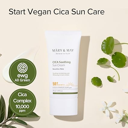 [Mary&May] CICA Soothing Sun Cream SPF50+ PA++++ 1.69 Fl Oz / 50ml | Light Absorption, Non-Sticky SPF, Hydration, No White Cast, Cica Facial, Daily care | Cruelty Free, Vegan 50ML