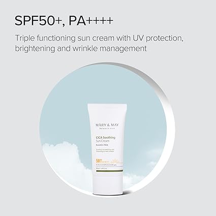 [Mary&May] CICA Soothing Sun Cream SPF50+ PA++++ 1.69 Fl Oz / 50ml | Light Absorption, Non-Sticky SPF, Hydration, No White Cast, Cica Facial, Daily care | Cruelty Free, Vegan 50ML
