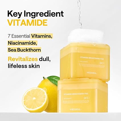 2VVV MEDIHEAL Vitamide Brightening Pad - Vegan Face Hypoallergenic Pads with Niacinamide, Sea Buckthorn - Radiance Boosting Pads for Clear, Illuminating Skin 100 Pads
