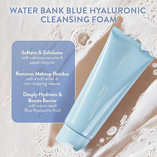 2lll LANEIGE Water Bank Cleansing Foam: Hyaluronic Acid, Papain, Visibly Smooth and Soften