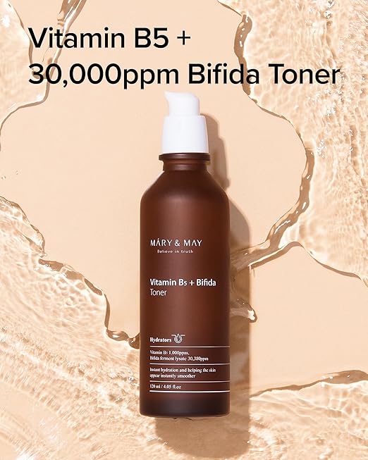 2qqq Mary&May Vitamin B5 + Bifida Toner - Nourishing Face Toner for Enhanced Skin Barrier Strength and Moisture Retention - 30,000ppm Bifida Fermentation & 1,000ppm Vitamin B5, 4.06 fl.oz. 120ML