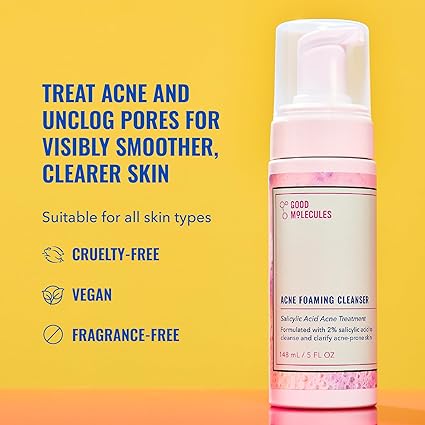 Good Molecules Acne Foaming Cleanser - 2% Salicylic Acid Foam Cleanser - Gentle Acne Face Wash with Alcohol Free Witch Hazel and Aloe - Skin Care for Face 148ML