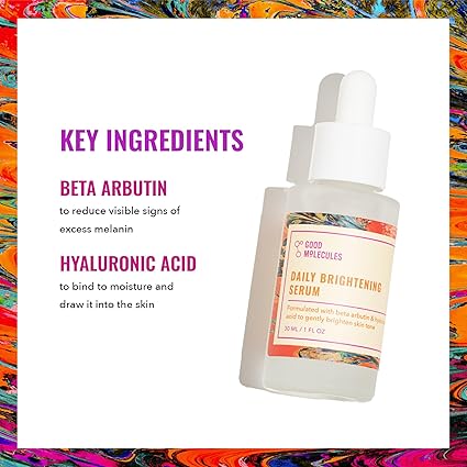 Good Molecules Daily Brightening Serum - Hyaluronic Acid Serum with Beta Arbutin to Target Dark Spots - Brightening and Anti-Aging Skin Care for Face 30ML