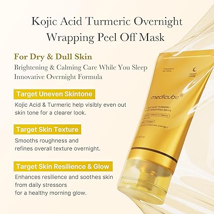 4vvv medicube Kojic Acid Turmeric Overnight Wrapping Peel Off Mask – Brightens & Defends Against Skin Stress for a Clear, Glowing Complexion, Korean Skincare, 2.53 fl. oz. 75ml