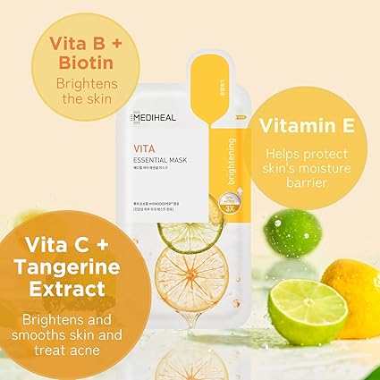 Mediheal Best Korean Sheet Mask - Vita Essential Face Mask 10 Sheets Vitamin Mask For All skin types Smoothing Tightening Toning up Brightening