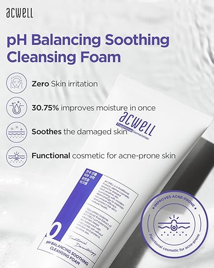 ACWELL pH Balancing Soothing Exfoliating Cleansing Foam 5.1 fl.oz. - AHA BHA PHA Exfoliating and Calming Facial Cleanser for Sensitive Skin, pH 5.5, Calms Acne and Blemishes, Moisturizing Bubble Foam