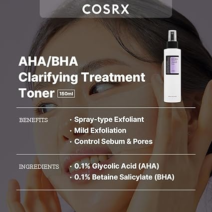 i22 COSRX AHA/BHA Treatment Toner 5.07 fl.oz/ 150ml, Facial Exfoliating Spray for Whiteheads, Pores, & Uneven Skin, Korean Toner, Not Tested on Animals, No Parabens, No Sulfates, Korean Skin Care