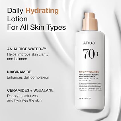 ANUA Rice 70 Intensive Moisturizing Milk, Lotion for Deep Hydration and Nourishing, Glowy Glass Skin, Rice Water, Niacinamide, Ceramides, Lightweight, Korean Skincare, 150ml/ 5.07 fl.oz.