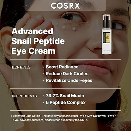 p22 COSRX Snail Mucin Peptide Under Eye Cream, 0.84 fl oz, 73.7% Snail Mucin and Niacinamide, Eye Care, Eye Cream Anti Aging, Dark Circles, Korean Skin Care