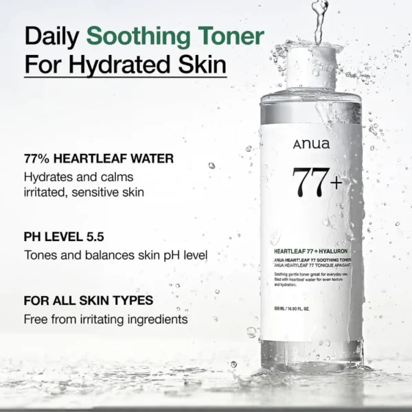 Anua Heartleaf 77 Soothing Toner I pH 5.5 Trouble Care, Calming Skin, Refreshing, Hydrating, Purifying, Cruelty Free, Vegan,(500ml / 16.90 fl.oz.)