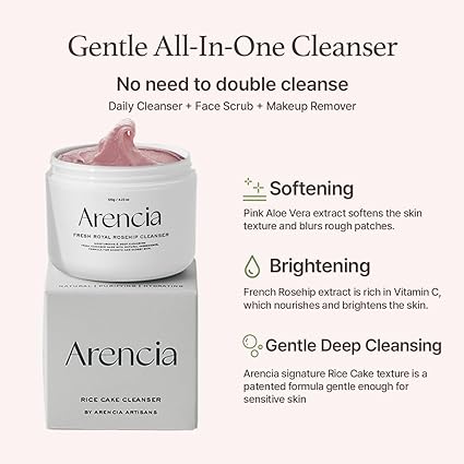 Rosehip Brightening Rice Mochi Face Cleanser & Daily Scrub - Moisturizing, Exfoliating & Deep-Cleansing - All Skin Types with Rice Powder & Rice Water (1.76oz)