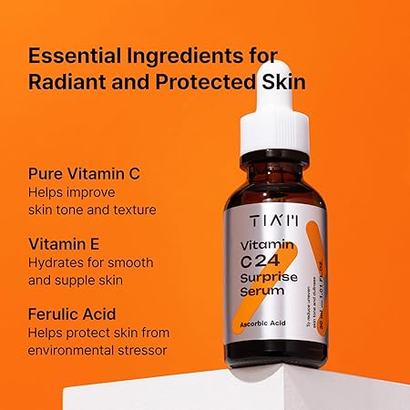 TIA'M Vitamin C24 Surprise Serum, 1.01 fl oz, Glow-Boosting & Anti-Aging with Vitamin E and Ferulic Acid for Dull Skin and Fine Lines, Korean Skin Care 30ml/1.01 fl oz