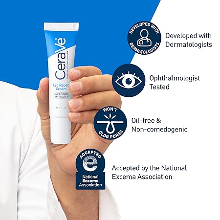 CeraVe Eye Repair Cream, Under Eye Cream For Puffiness And Bags Under Eyes, Hyaluronic Acid + Niacinamide + Marine Botanical Complex, Oil Free & Opthalmologist Tested 0.5OZ/ 14. 2 G