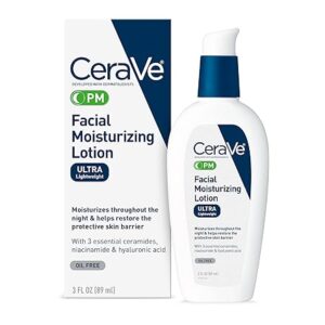 CeraVe PM Facial Moisturizing Lotion, Night Cream with Hyaluronic Acid and Niacinamide, Ultra-Lightweight, Oil-Free Moisturizer for Face, 3 Ounce 89ML