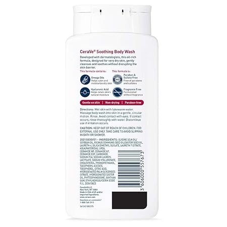 CeraVe Soothing Body Wash for Dry Skin, Shower Oil for Sensitive, Dry, Itchy, and Eczema-Prone Skin, Fragrance Free & Paraben Free & Sulfate Free, 10 oz 296ML
