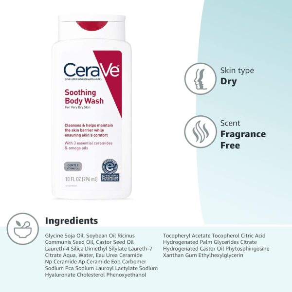 CeraVe Soothing Body Wash for Dry Skin, Shower Oil for Sensitive, Dry, Itchy, and Eczema-Prone Skin, Fragrance Free & Paraben Free & Sulfate Free, 10 oz 296ML