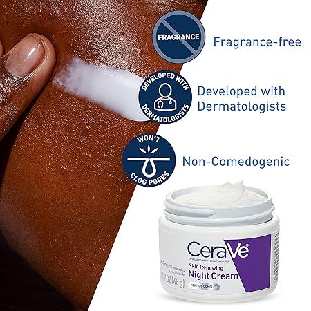 CeraVe Skin Renewing Night Cream, Niacinamide, Peptide Complex, and Hyaluronic Acid Moisturizer for Face, 1.7 Ounce/ 48G