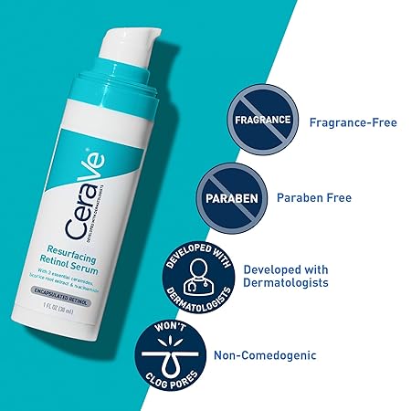 CeraVe Resurfacing Retinol Serum For Post Acne Marks, Formulated With Licorice Root Extract & Niacinamide, Brightening Serum & Pore Minimizer For Face, Post Acne Skin Barrier Repair, Non-Comedogenic 30ML /1FL OZ