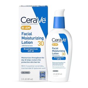 CeraVe AM Facial Moisturizing Lotion with SPF 30, Oil-Free Face Moisturizer with SPF, Formulated with Hyaluronic Acid, Niacinamide & Ceramides, Non-Comedogenic, Broad Spectrum Sunscreen, 3 Ounce 89ML