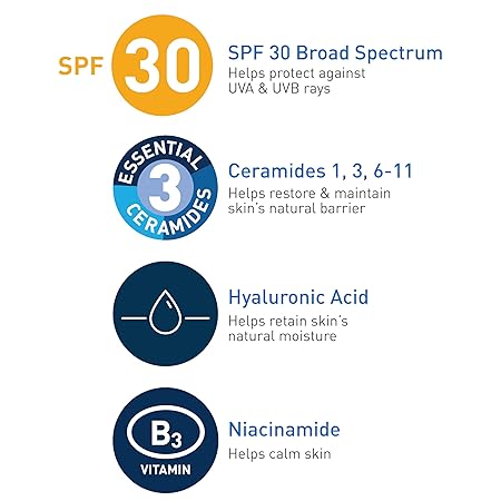 CeraVe AM Facial Moisturizing Lotion with SPF 30, Oil-Free Face Moisturizer with SPF, Formulated with Hyaluronic Acid, Niacinamide & Ceramides, Non-Comedogenic, Broad Spectrum Sunscreen, 3 Ounce 89ML