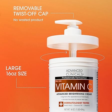 Advanced Clinicals Vitamin C Cream Visibly Brightening Body Lotion | Vitamin C Moisturizer Skin Care Body Cream For Women & Men Helps Visibly Improve Look Of Dark Spots & Uneven Skin Tone, 16 Ounce (1 LB)