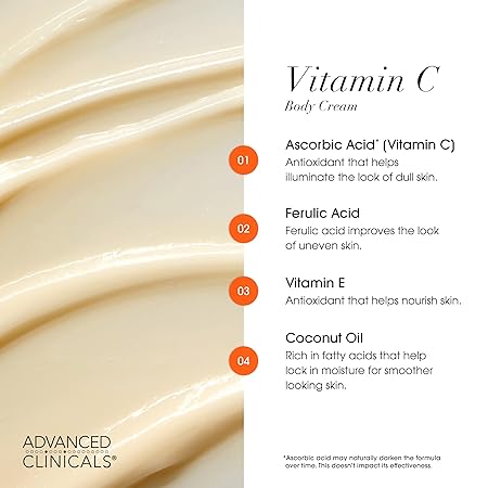 Advanced Clinicals Vitamin C Cream Visibly Brightening Body Lotion | Vitamin C Moisturizer Skin Care Body Cream For Women & Men Helps Visibly Improve Look Of Dark Spots & Uneven Skin Tone, 16 Ounce (1 LB)