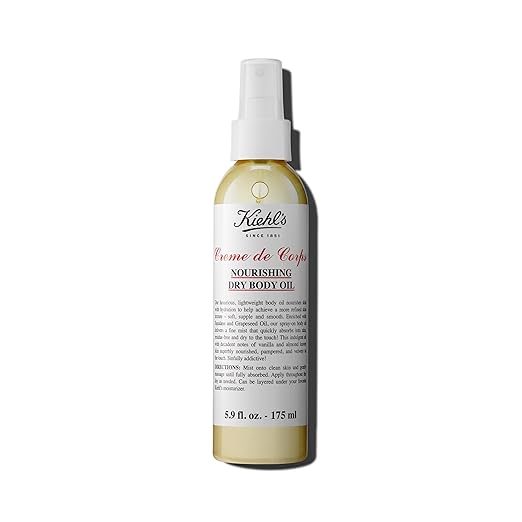Kiehl's Creme de Corps Nourishing Dry Body Oil, Lightweight Body Oil Spray for Soft & Smooth Skin, with Squalane & Grape Seed Oil, Absorbs Quickly, Residue-free, Vanilla & Almond Scent - 5.9 fl oz/ 175ml