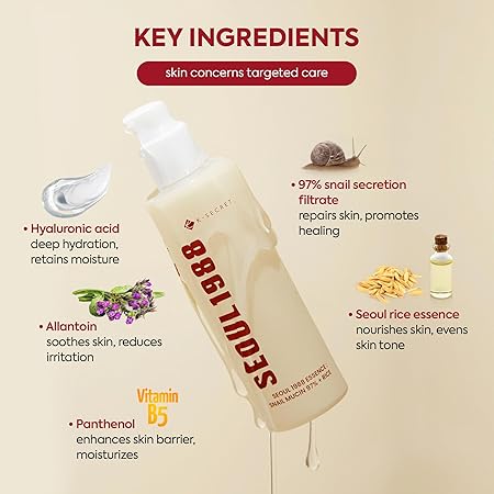 K-SECRET SEOUL 1988 Essence : Snail Mucin 97% + Rice | 97% Snail Secretion with Rice Ferment Filtrate and Rice Extract for Skin Hydration, Soothing | Korean Skincare | 100ml/ 3.38 fl oz
