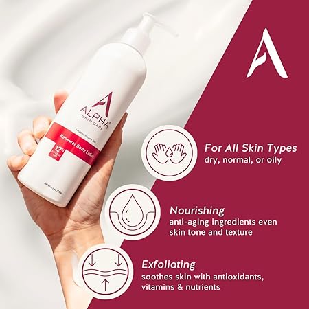 Alpha Skin Care Revitalizing Body Lotion, 12% Glycolic AHA, Simple & Effective Daily Moisturizer with Alpha Hydroxy Acid, Hydrates & Exfoliates for Soft, Smooth Skin, Anti-Aging, 12 Oz/ 340g
