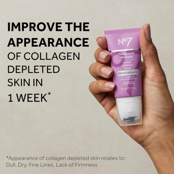 No7 Menopause Skincare Instant Radiance Serum – Hydrating Facial Serum with Hyaluronic Acid + Collagen Peptides for Firmer, Healthier Looking Skin – With Cooling Applicator 30ml/ 1.0 fl oz