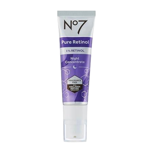 No7 Pure Retinol 1% Night Concentrate - Anti Wrinkle Retinol Serum with Collagen Peptides & Niacinamide for Younger Looking Skin - Firming Face Serum for Fine Lines & Wrinkles 30ml/ 1.0 fl oz