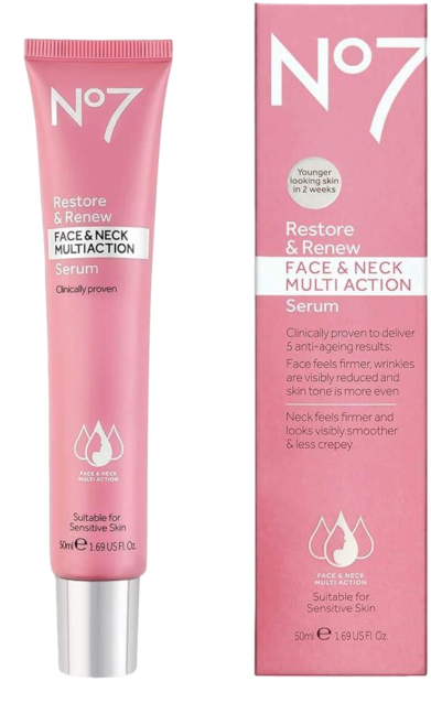 uo_prev_ui No7 Restore & Renew Multi Action Serum for Face & Neck - Anti Aging Serum for Neck Firming and Tightening - Infused with Hydrating Collagen Peptides & Hyaluronic Acid for Crepey Skin 30ml/ 1.0 fl oz
