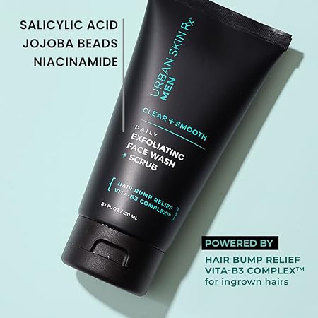Daily Mens Exfoliating Face Wash + Scrub | Urban Skin Rx® | Powerful 2-in-1 Cleanser and Scrub | Cleans Pores of Dirt and Oil. Formulated with Salicylic Acid, Jojoba Beads and Niacinamide | 5.1 fl oz/ 150ml