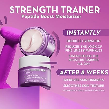 Ole Henriksen Strenth Trainer Peptide Boost Facial Moisturizer with ceramides and collagen Full Size UNBOXED 1.7 fluid ounces 50 milliliter Jar
