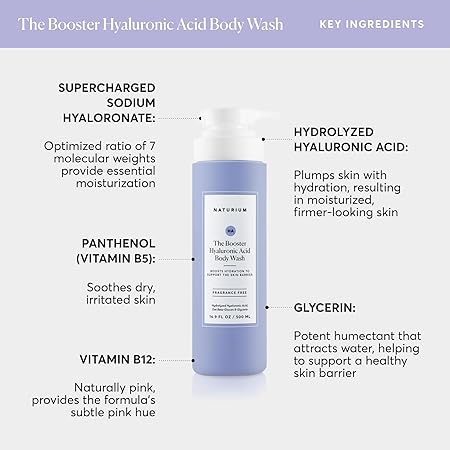 Naturium The Booster Hyaluronic Acid Body Wash, Hydrating & Moisturizing plus Minimizes Dryness, with Glycerin & Vitamin B5, 16.9 oz/ 500ml