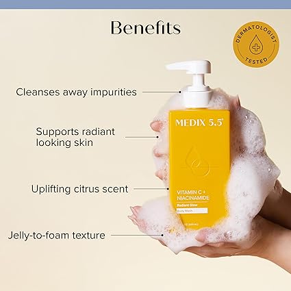 DD Medix 5.5 Radiant Glow Vitamin C Body Wash W/Niacinamide | Citrus Scented Gentle Body & Face Cleanser For Women, Men, Dry Skin, & Smoother-Looking Skin | Removes Dirt, Oil, & Impurities, 15 Fl Oz / 444ML