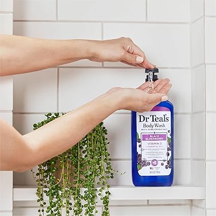 Dr Teal's Body Wash with Pure Epsom Salt, Black Elderberry with Vitamin D & Essential Oils, 24 fl oz /710ml