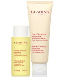 clarins paris cleansing sensations hydating gentle foam cleanser -125ml / 4.2 fl oz hydrating tonering lotion with aloe era and saffron flower extract 100ml / 3.4fl oz