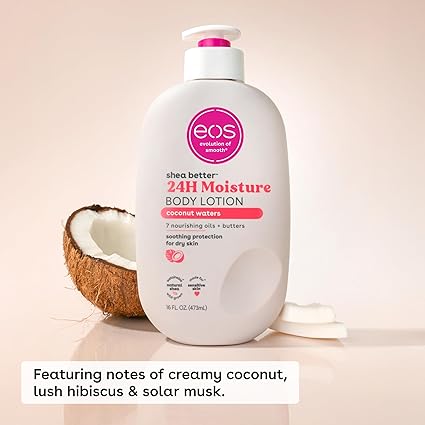 eos Shea Better Body Lotion Coconut Waters, 24-Hour Moisture Skin Care, Lightweight & Non-Greasy, Natural Shea, Vegan, Coconut Body Lotion, 16 fl oz / 473ml