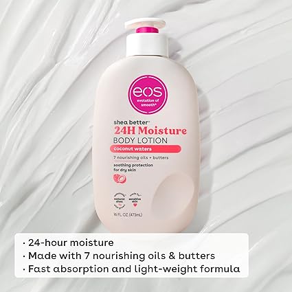eos Shea Better Body Lotion Coconut Waters, 24-Hour Moisture Skin Care, Lightweight & Non-Greasy, Natural Shea, Vegan, Coconut Body Lotion, 16 fl oz / 473ml
