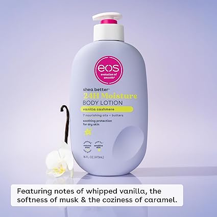 doo eos Shea Better Body Lotion Vanilla Cashmere, 24-Hour Moisture Skin Care, Lightweight & Non-Greasy, Natural Shea, Vegan, Vanilla Body Lotion, 16 fl oz / 473 ml