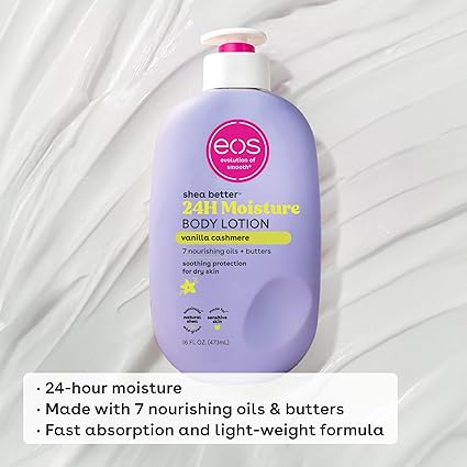 dooo eos Shea Better Body Lotion Vanilla Cashmere, 24-Hour Moisture Skin Care, Lightweight & Non-Greasy, Natural Shea, Vegan, Vanilla Body Lotion, 16 fl oz / 473 ml
