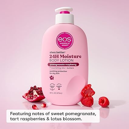 eos Shea Better Body Lotion Pomegranate Raspberry, 24-Hour Moisture Skin Care, Lightweight & Non-Greasy, Natural Shea, Vegan, 16 fl oz/ 473ML