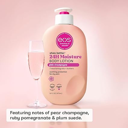 dtt eos Shea Better Body Lotion Pink Champagne, 24-Hour Moisture Skin Care, Lightweight & Non-Greasy, Natural Shea, Vegan, 16 fl oz / 473ml