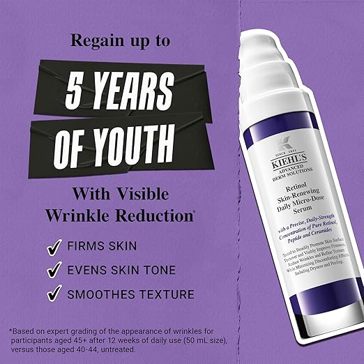 Kiehl's Daily Micro-Dose Anti-Aging Retinol Facial Serum, Reduces Wrinkles, Firms Skin, Evens Skin Tone, Youth Renewing & Hydrating Formula, with Retinol & Ceramides, Paraben-free, Fragrance-free 1.7 fl oz/ 50ml